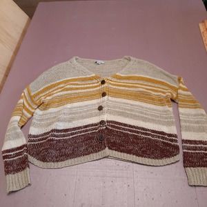 Favlux Fashion‎ Sweater Women Medium Tan Brown Stripe Cardigan Oversized